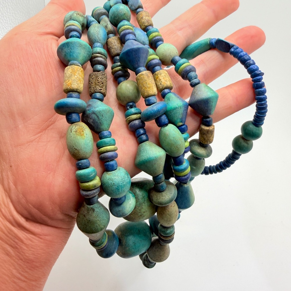 Vintage Multi Strand Wood Bead Necklace Blue Green Teal Boho Geometric Statement - Picture 3 of 16